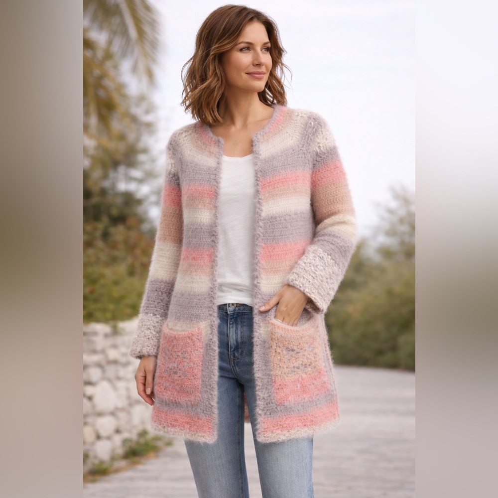 Handmade Knit Cardigan – Cozy Long Open Front Sweater Pastel Striped Fall